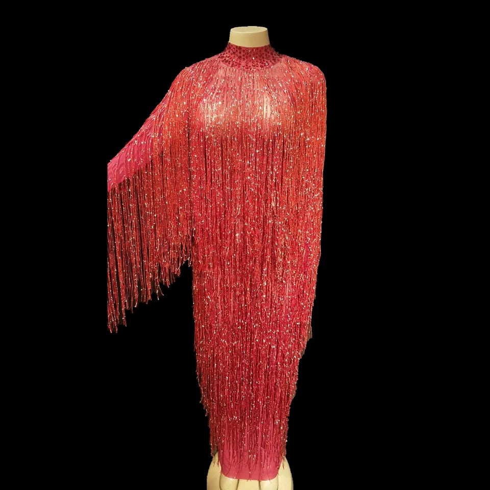 

6 Colors Fringes Long Dress Women Birthday Evening Party Dress Female Singer Stage Costume Net Yarn Tassel Dresses Plus Size