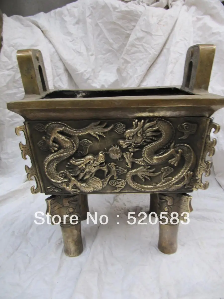 

Chinese buddhism brass copper carved two Dragon play bead incense burner censer 06.08