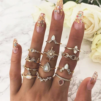 

12 Pcs/set Bohemian Vintage Crown Water Drops Stars Geometric Crystal Ring Set Women Charm Joint Ring Party Wedding Jewelry Gift