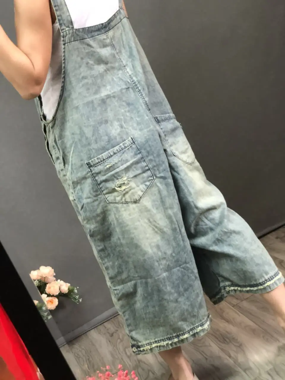 Women Summer Autumn Vintage Holes Bleached Jumpsuits Denim Trousers ...