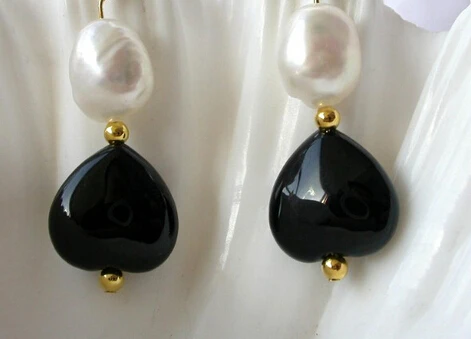 

wb00579 classic baroque black agate white freshwater pearl dangle earrings 14K h561 2ps