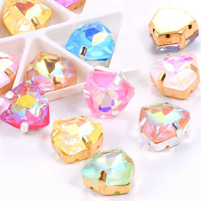 

12mm Fat Tri-angle Nice Glass Crystal Sew On Rhinestone Silver Base Many Colors Sew On Claw Rhinestone For Wedding Dress B3803