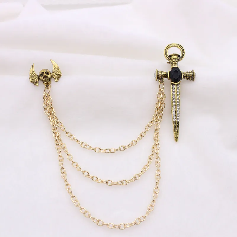 

Retro fashion brooch personality tassel skull cross sword fringed rhinestone brooch pin men and women shirt collar decoration