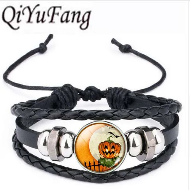 qiyufang 5pcs vintage halloween jewelry pumpkin glass cabochon statement bracelet bangle for kids gift silver color