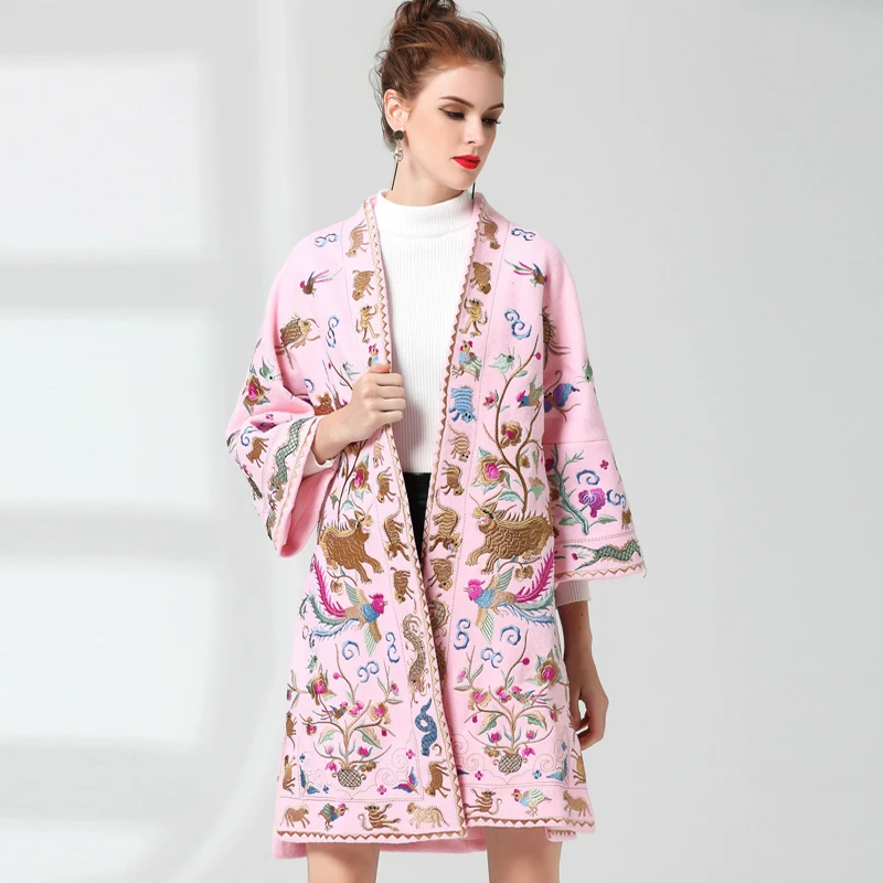 Femmes Vestes Veste Cardigan Pour Haut Manteau De Lâche Manches Brodé V Automne Cou Flare Black pink Fendu Laine Long Broderie qtI8wBT