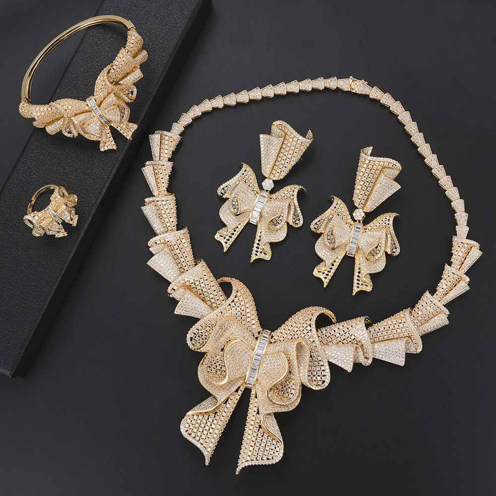 

missvikki Jewelry Trendy Gold Full Cubic Zirconia Bowknot Romantic Accessories For Women Bridal Wedding Party Jewelry Set 4 PCS