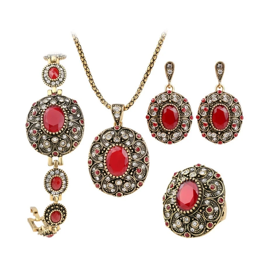 

4 pcs Women Vintage Wedding Jewelry Sets For Multi Color Crystal Red Resin Flower Pendant Necklace Earrings Ring Bracelet Set