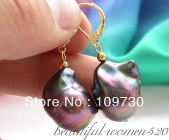 

Bridal jewelry free shipping hot sell 19mm baroque peacock black KESHI REBORN PEARL dangle earring