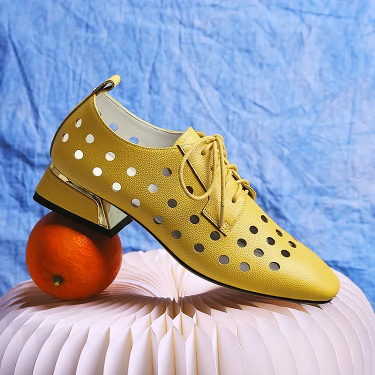GPOKHDS/; женские туфли-лодочки из мягкой коровьей кожи; сезон осень-весна; туфли-лодочки на низком каблуке на шнуровке с квадратным носком желтого цвета; размеры 34-42