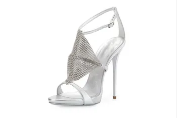 

Fashion Metallic Leather Rhinestone Sandals Ladies Sexy Open Toe Stiletto High Heels Ankle Strap Gladiator Sandalias