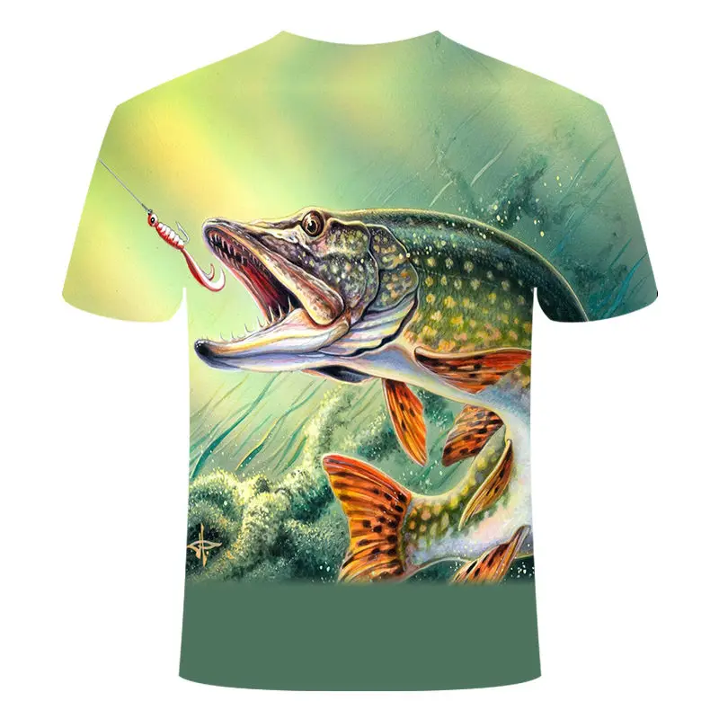 Новая футболка для рыбалки стильная повседневная цифровая футболка с 3D принтом рыбы мужские и женские футболки с щуком летние топы с короткими рукавами и круглым вырезом