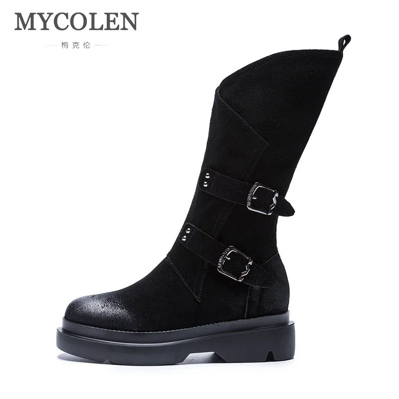 

MYCOLEN 2018 New Comfortable Chelsea Boots Brand Designer Women Leather Boots Round Toe Low Heel Buckle Autumn Winter Boots