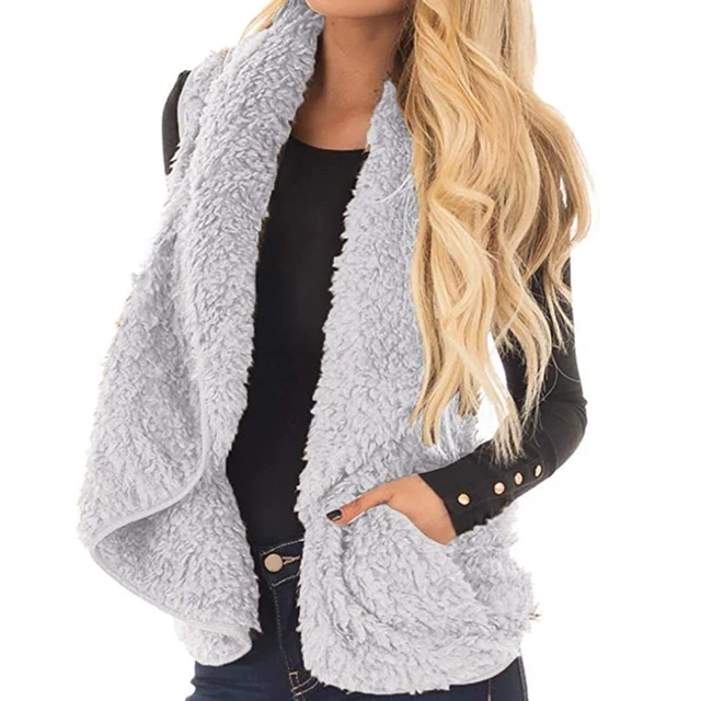 Fluffy Women's Jacket Sleeveless Draped Casual Coat Solid Color Outwear