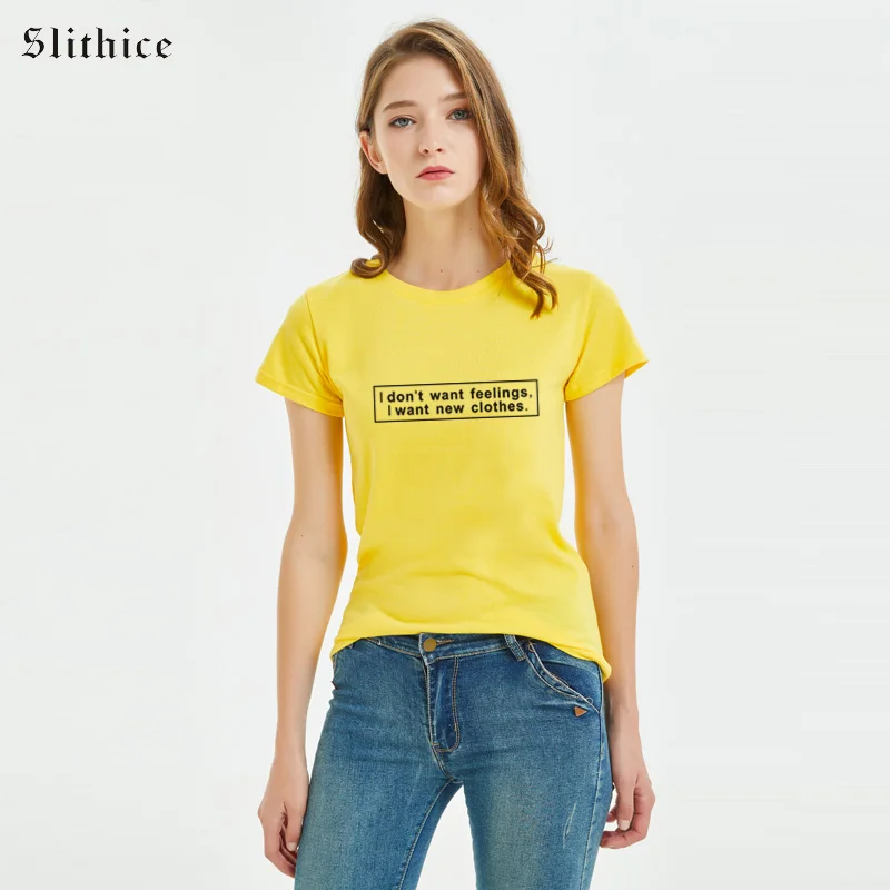 

Slithice i don't want feelings i want new clothes Funny Letter Print T-shirt Tees Short sleeve Women Summer tshirt shirts tops