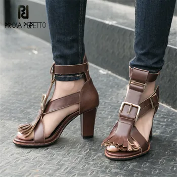 

Prova Perfetto Women Gladiator Sandals Fringed Summer Sandal 8CM Chunky High Heels Buckles Ladies Dress Shoes Women Pumps