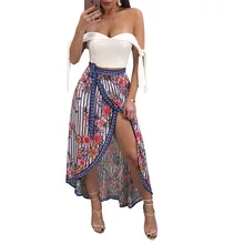Boho cut с цветочным принтом женская юбка пикантная пляжная Асимметричная длинная юбка летний Стиль Женская Полосатая вечерняя Клубная юбка
