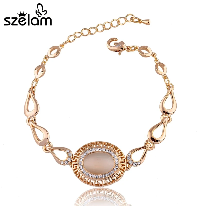 

Szelam 2019 Oval Bracelets Bangles Gold Color Chain Natural Stone Opal And Crystal Bracelet For Woman SBR140213
