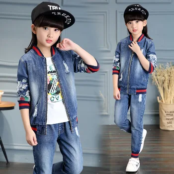 

2020 Spring Fall Fashionable Classic Children's Cowboy Suit Girls Printed Flower Holes Denim Blue Baseball Collar 2 Piece