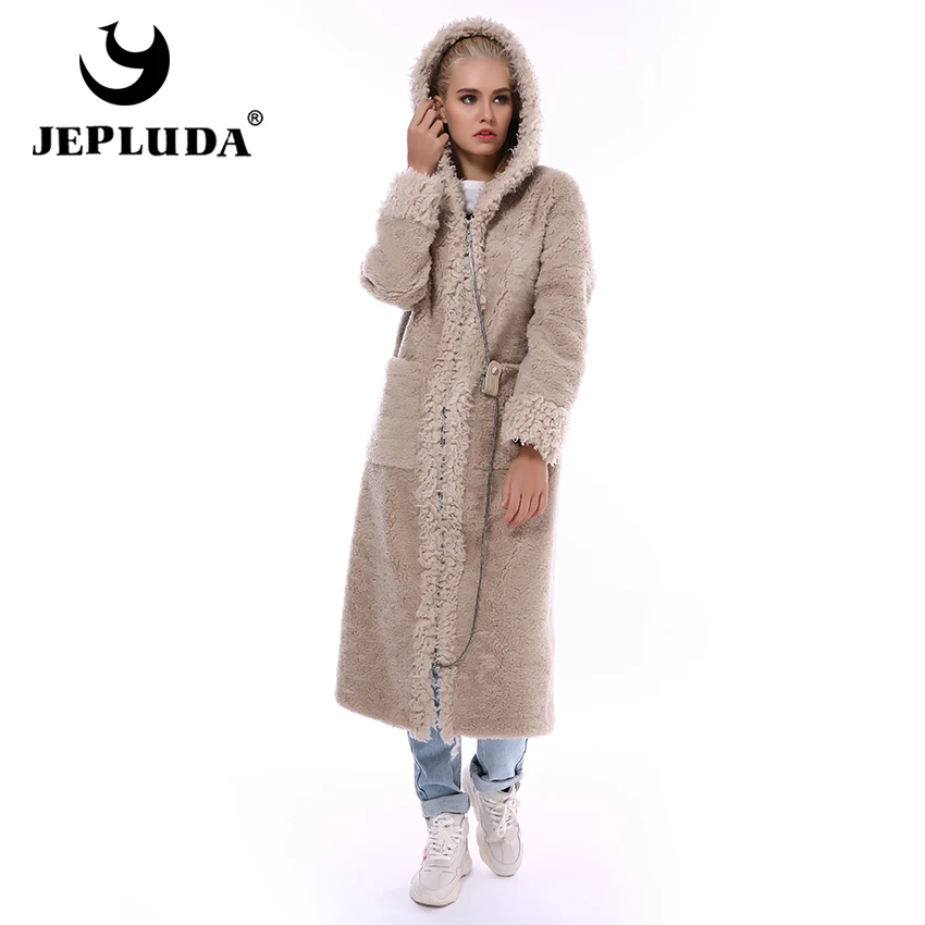 JEPLUDA 100% Натуральный Шерсть Пальто Женское Зимнее с Капюшон Молния Длинная
