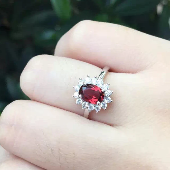 

[MeiBaPJ 5*7mm Garnet Gemstone Simple Ring for Women Real 925 Sterling Silver Fine Jewelry
