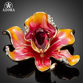 

AZORA Gold Color Showy Flower With A Big Blood Red Cubic Zirconia Pin Brooch TP0019