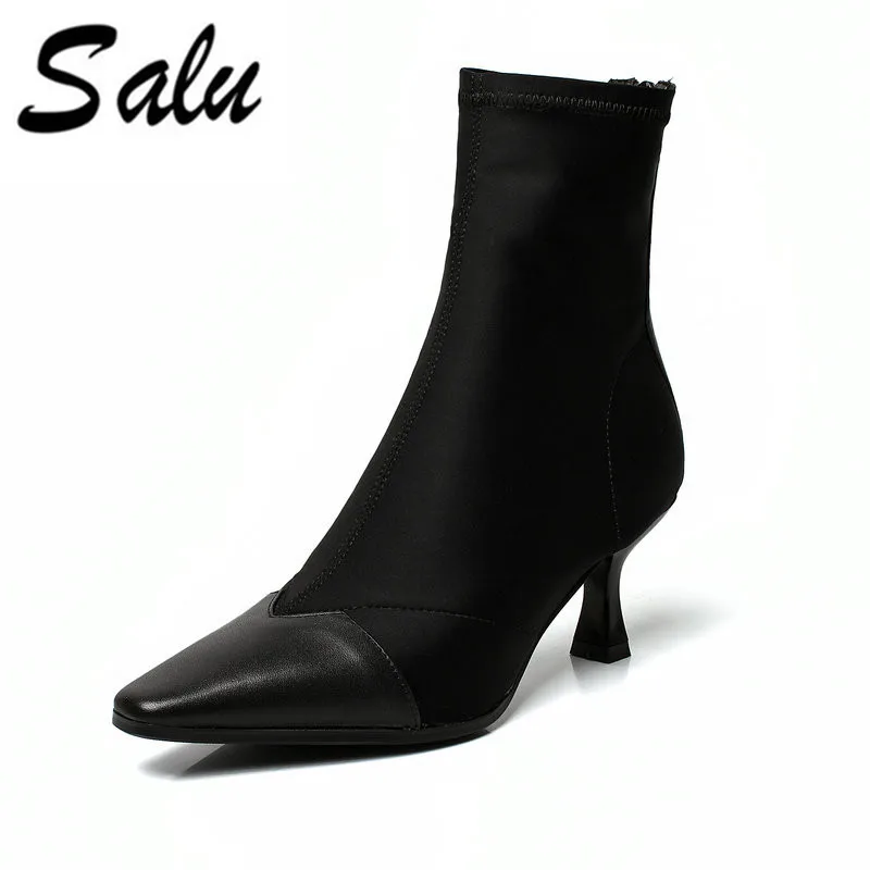 

Salu Sexy Women Boots Genuine Leather Winter High Heels Ankle Boots Shoes Women Fall Ladies Short Boots New Zip Big Size