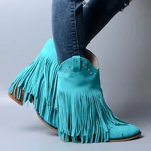 Горячие Продажи Старинные Круглый Носок Высокий Каблук Ковбой Пинетки Mujer Бахромой Заклепки Украшенные Ботильоны Свадьба Туфли Женщины