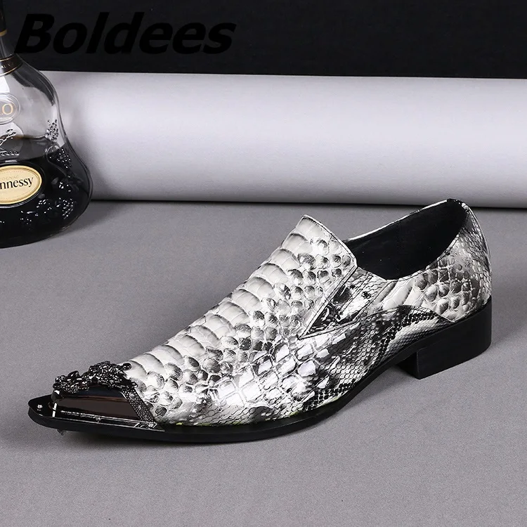 Boldees VChaussure Homme корейский стиль Мужские модельные туфли из металла острый носок оксфорды Туфли без каблуков Для Мужчин серый змеиной кожи