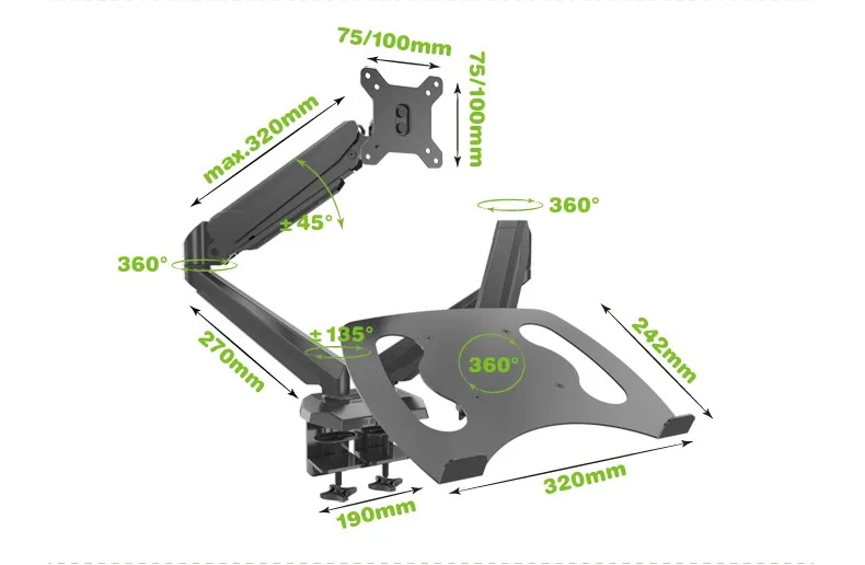GM224U-D 2-в-1 полный движения рабочего крепление газ пружинный двойной Экран Arm для ноутбуков и для контроля уровня сахара в крови с USB Порты и разъёмы аудио Jack разъем для подключения гарнитуры