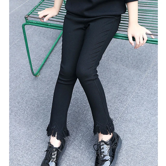 girl skinny school pants autumn spring black tassel trousers children