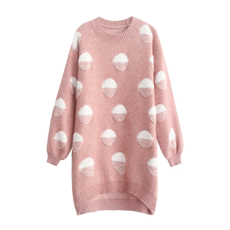 

PERHAPS U Autumn Winter Knitted Mini Dress Loose Pink Long Sleeve Sweater Patchwork Dot O Neck D0848
