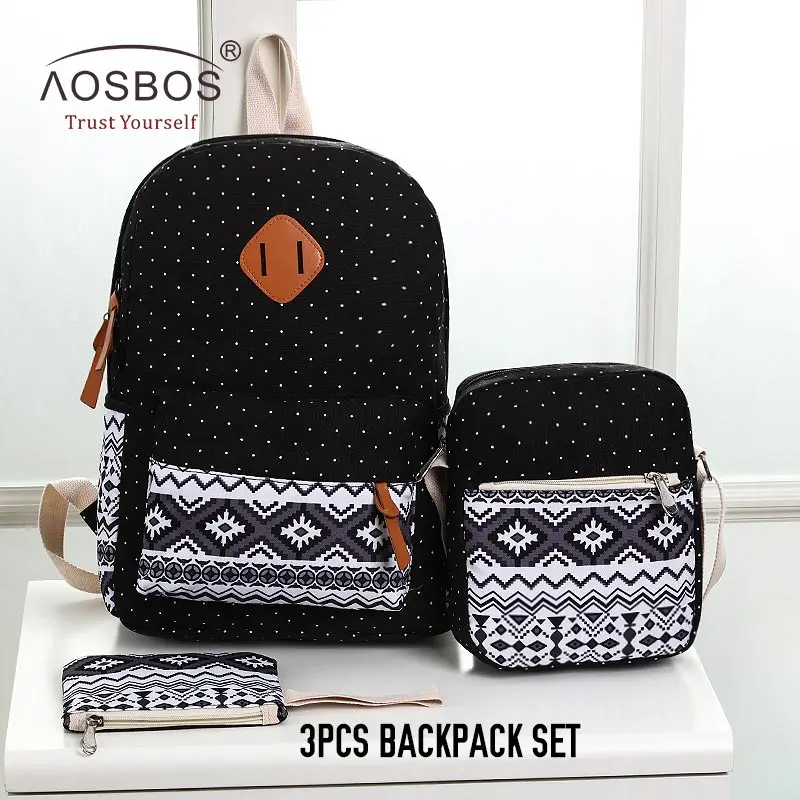 Aosbos 3 шт./компл. плоской подошве из парусины с орнаментом, школьные рюкзаки для девочек-подростков, Цветочный принт Рюкзаки Женские Винтаж школьная сумка mochila escolar - Color: Black1