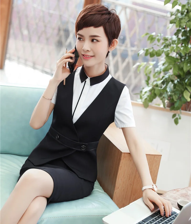 

Summer Formal Two Piece Women Business Suits Black Skirt and Waistcoat Vest Sets Work Wear Clothes
