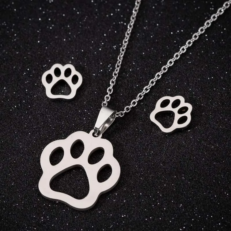 

Cute Gold Color Dog/Cat Animal Paw Stud Earrings Stainless Steel Pet Necklace Jewelry Set for Women Kids Children Day Girls