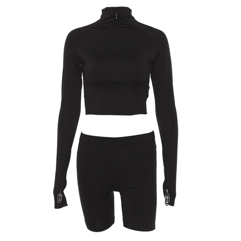 

Women Tops+pants set Fitness Sexy Fashion Sports Cropped Gym Elastic Waist Shorts High Waist Solid Zipper 2pcs