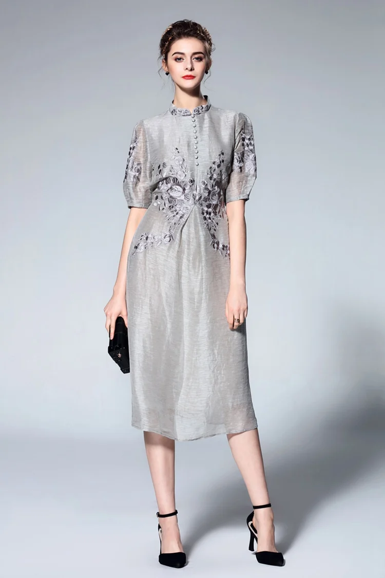 Grey Vintage Embroidery Stand Collar Shift Dress (5)