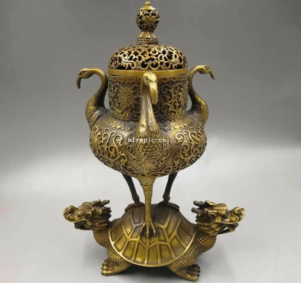

12'' brass copper carved both dragon turtle three crane censer statue