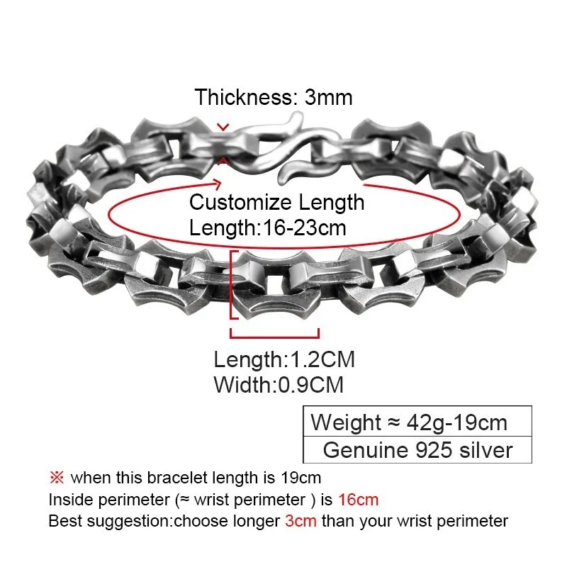 ZABRA, роскошный браслет Викинга, настоящее 925 пробы, серебряный, мужской браслет, 9 мм, широкий, Ретро стиль, панк, тяжелая цепочка, звено, браслет для байкеров, ювелирное изделие