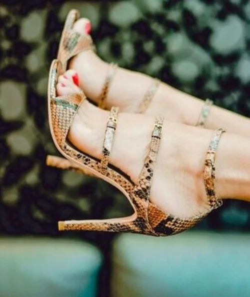 

Fashion Snakeskin High Heel Sandals Women Peep Toe Thin Heel Pumps Summer Buckles Party Dress Shoes Big Size Free Ship