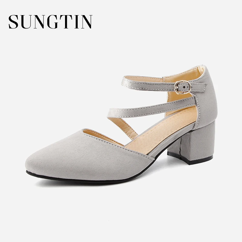 

Sungtin Casual Ankle Strap Flock Sandals Women Sexy Pointed Toe Chunky High Heels Girl Sweet Suede Sandals Summer Large Size