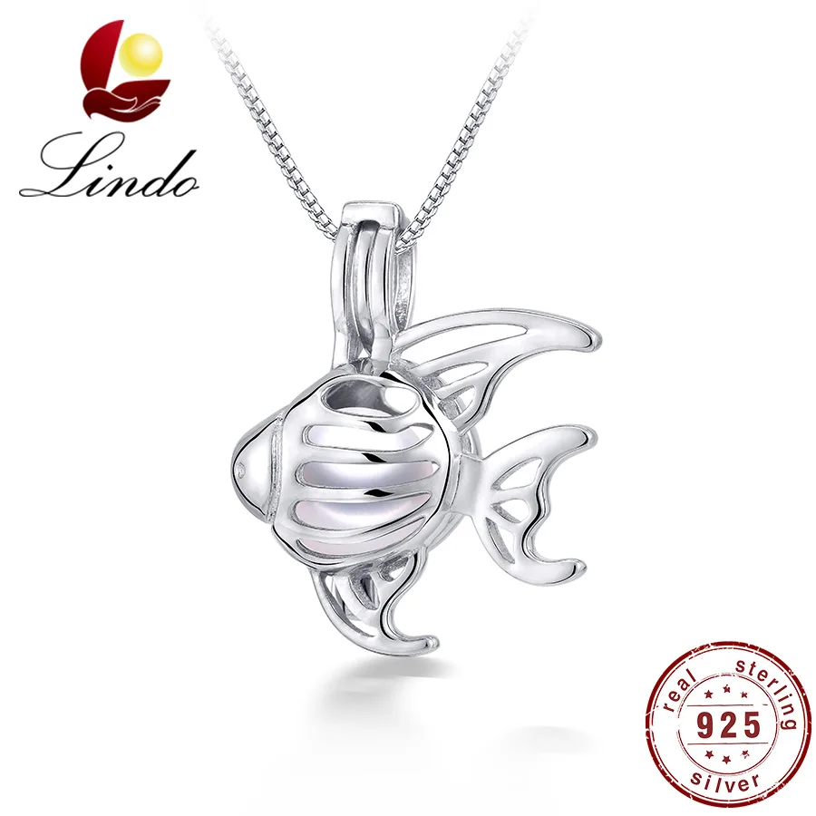 

Lindo High Quantity Sterling Silver Cage Pendants 925 Women Fashion High Luster Round Natural Pearl Necklace Fish Cage Necklace