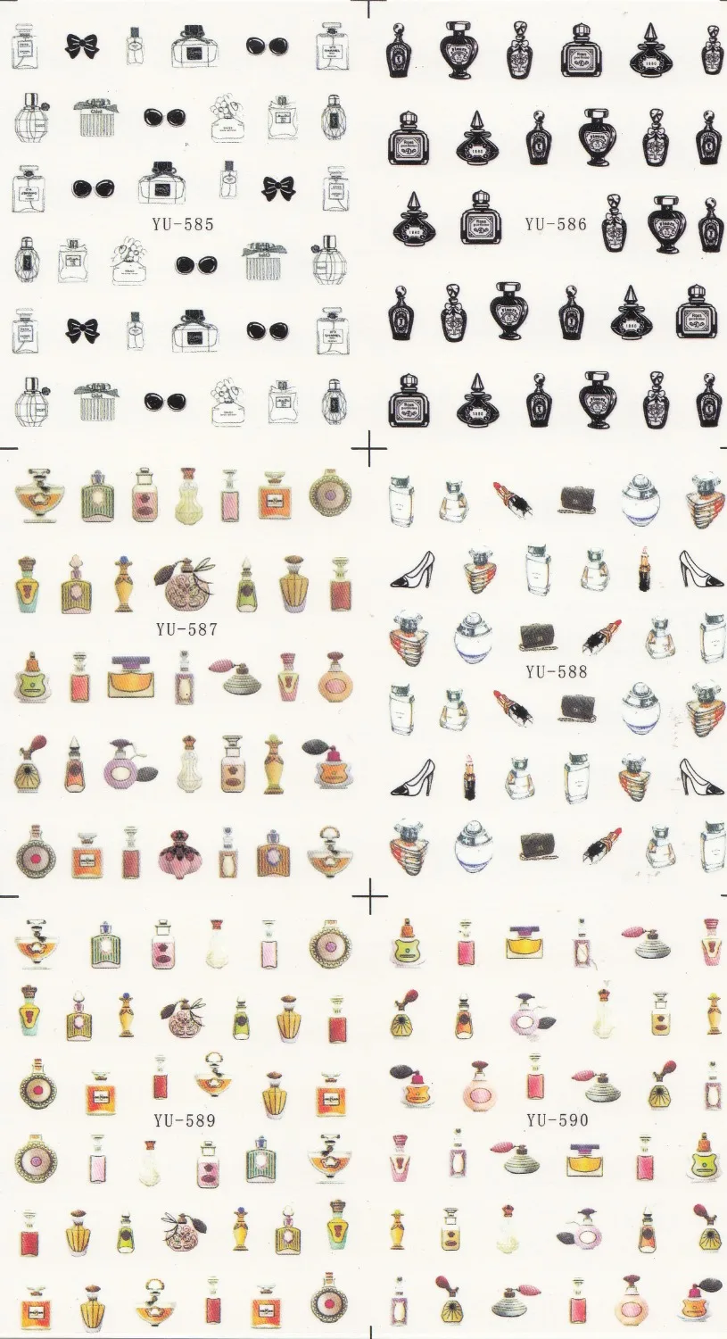 

6 PACK/ LOT WATER DECAL NAIL TRANSFER STICKER CARTOON PERFUME BOTTLE HIGH HEEL SHOES YU585-590