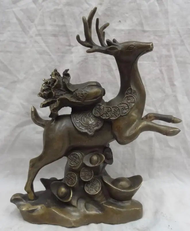 

S0385 11" China Bronze Copper Animals Cai Cabbage YuanBao Coin Up Running Deer Statue