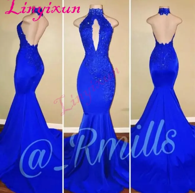 royal blue open back prom dress