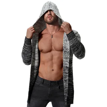 

New Fashion Men Thicken Knit Hooded Cardigan Casual Men Long Gradient Gray Slim Sweater Coats For Male Autumn Winter M-2XL