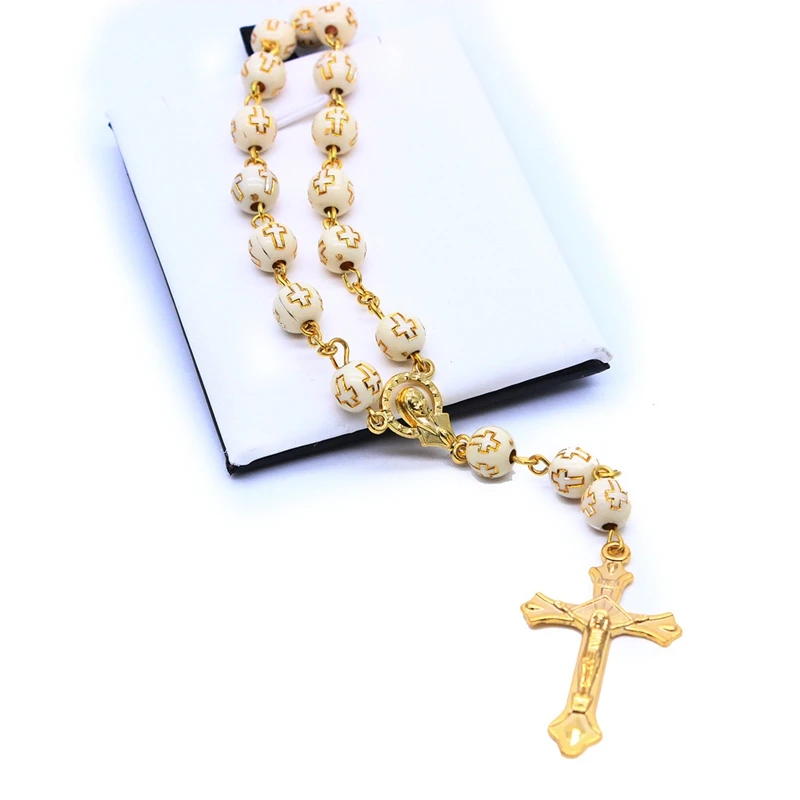 Car Pendant Plastic Beads Strand Cross Rosary Bracelet Gold