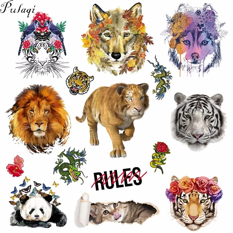 

Pulaqi Cool Animal Patches Iron On Transfer For T-Shirts Animal Heat Thermal Transfers Patch Fabric Decor For Clothing Sticker F