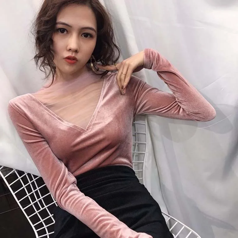 

Korean Tops Casual Long Sleeve T-shirt Women Fashion Mesh Stitching Velvet T Shirt Spring Solid Color Tops Female Clothing