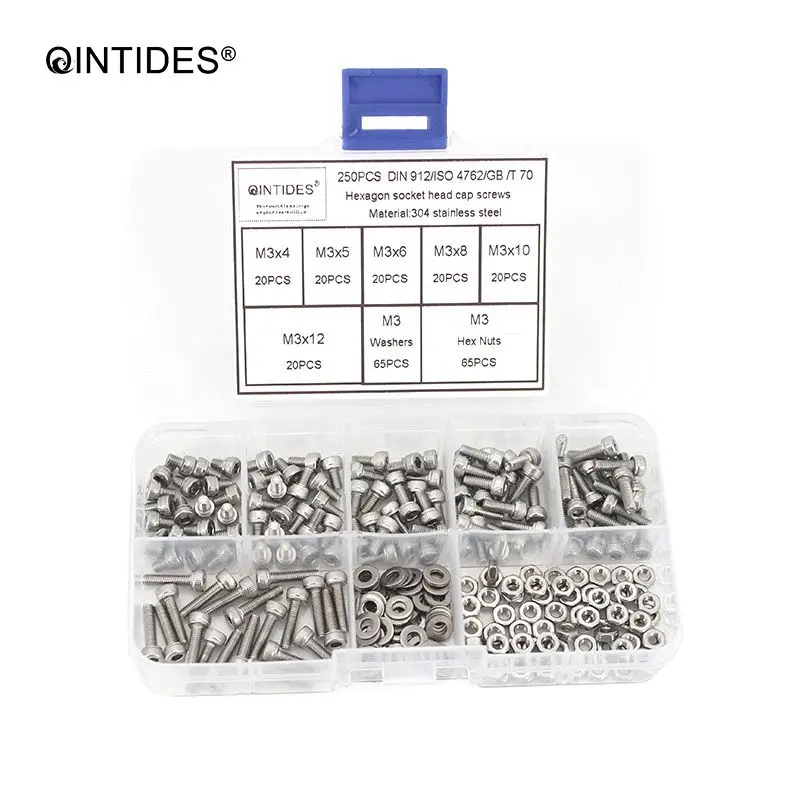 QINTIDES 250 шт./компл. DIN912 M1.6 M2 M2.5 M3 304 Винты с шестигранной головкой из нержавеющей