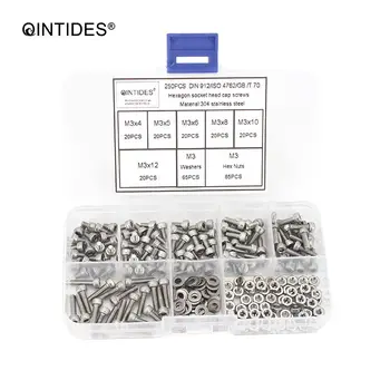 

QINTIDES 250Pcs/set DIN912 M1.6 M2 M2.5 M3 304 Stainless Steel Hexagon Socket Head Cap Screws Bicycle Hex Bolts Assortment Kit